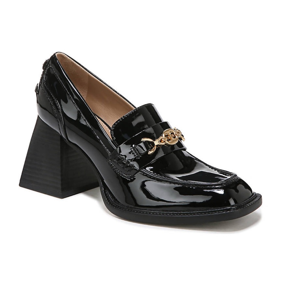 Sam Edelman Quincy Heeled Loafers SZ 8M Black Patent Leather w/Gold Chain